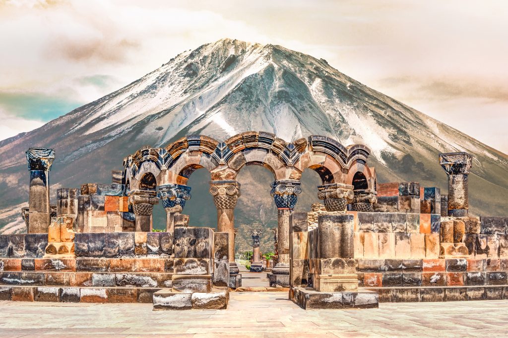 Ruins in front of a mountain in Armenia
