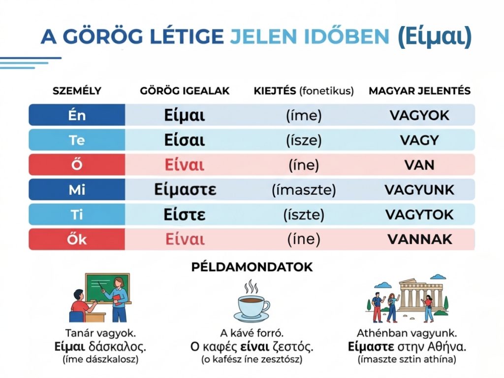 A görög létige jelen idejű ragozása magyar jelentéssel és fonetikus kiejtéssel