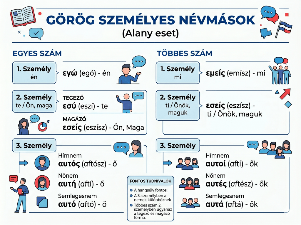 Görög személyes névmások alanyesetben egyes és többes számban magyar fordítással és fonetikus átírással
