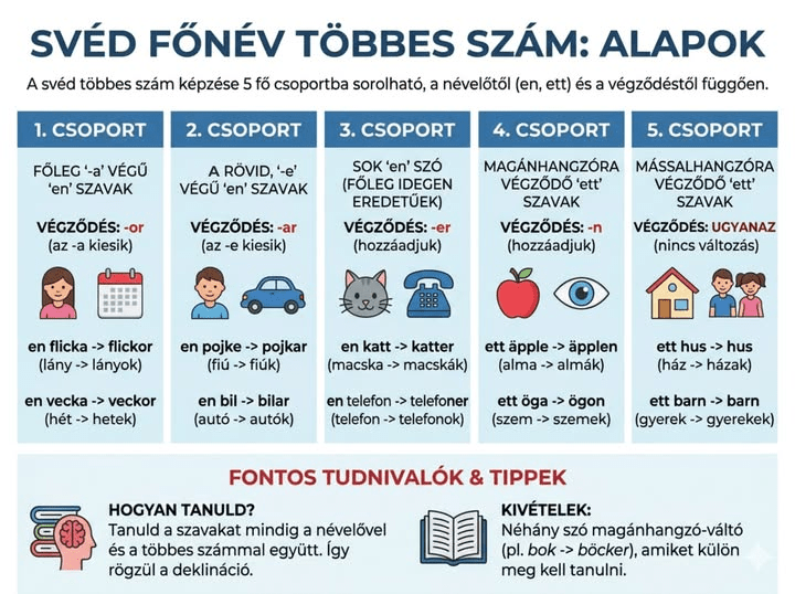 Svéd főnevek többes számának képzése kezdő nyelvtanulóknak magyar magyarázattal