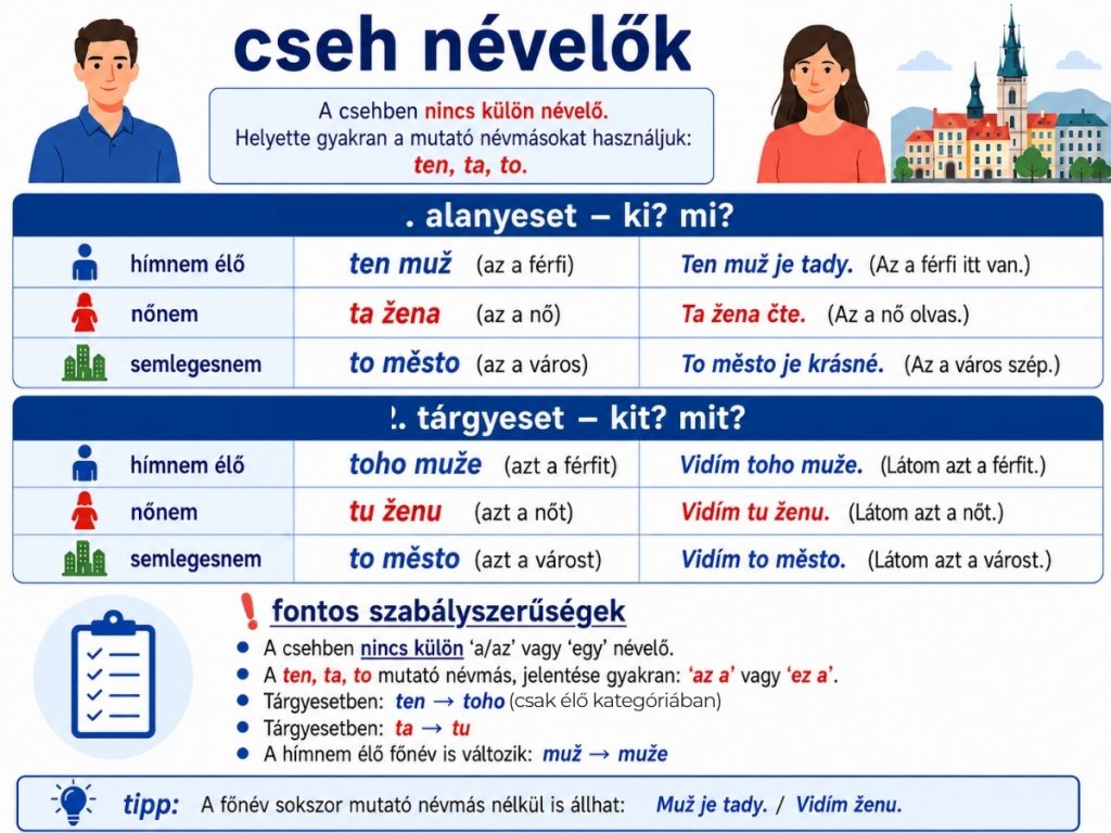 Cseh névelők és mutató névmások alanyesetben és tárgyesetben magyar magyarázattal
